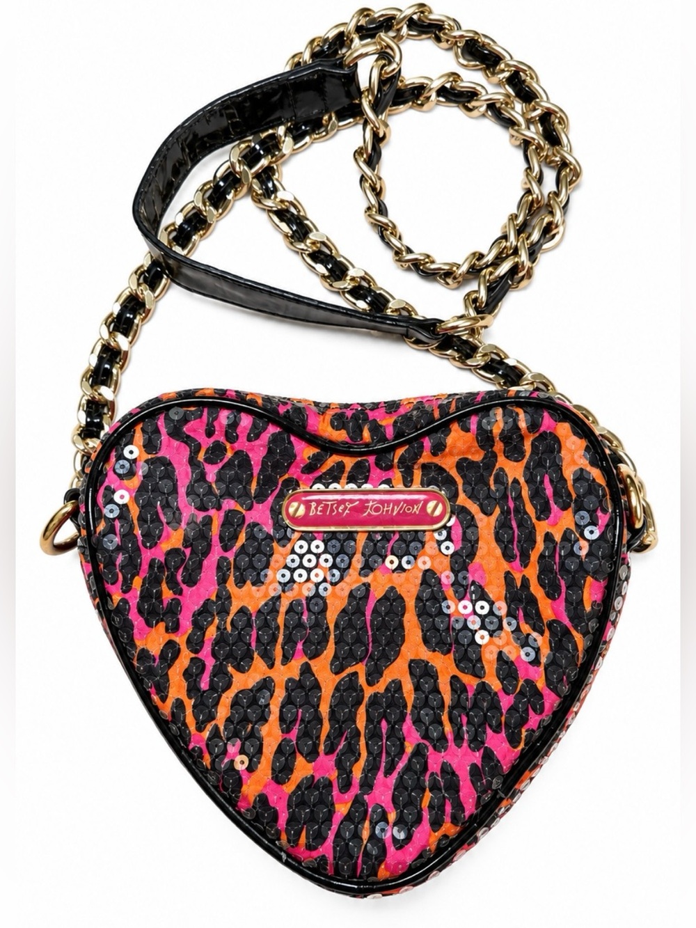 Betsey Johnson Heart Crossbody Bag Sequin Leopard Pink Orange Chain Strap Y2K